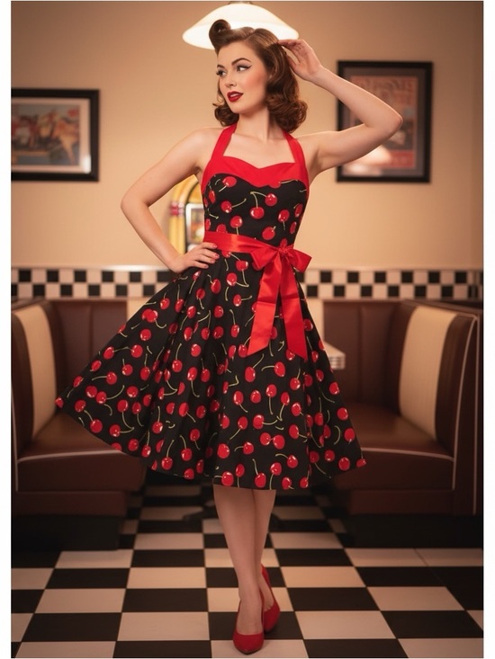 Ensenvo Dresses & Skirts - Pinup Girl Cherry Halter Dress With Satin Bows NWT